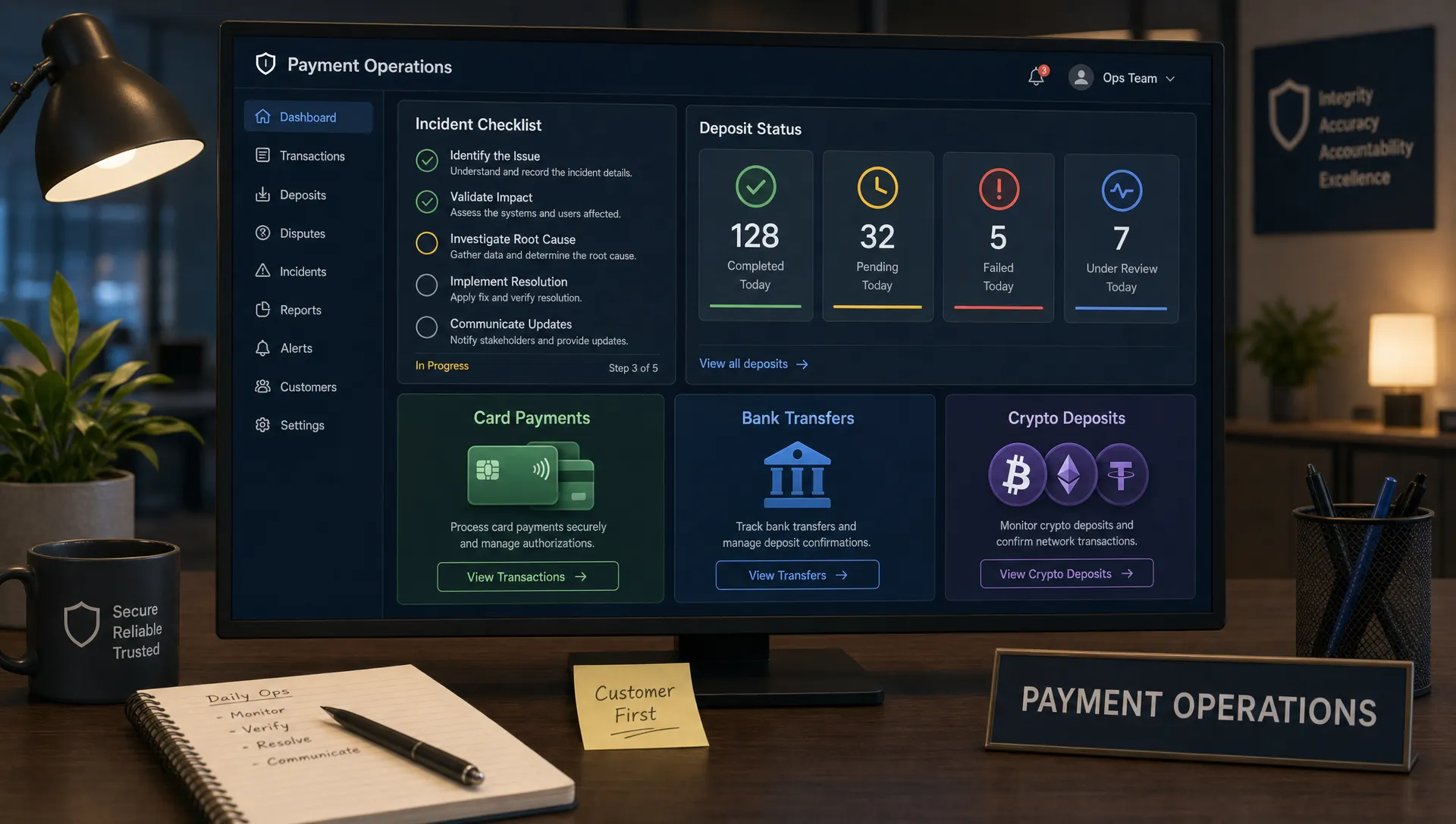 A payment operations desk shows an incident checklist, deposit status indicators, and labeled cards for card payments, bank transfers, and crypto deposits.