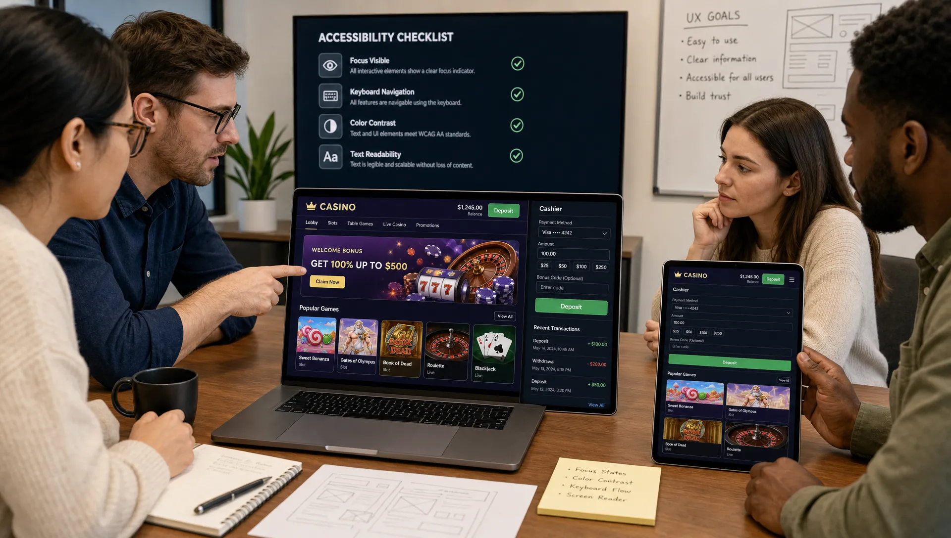 A product team reviewing an online casino interface on a laptop and tablet in a meeting room, with the screens facing the camera and showing clear focus outlines, readable cashier fields, and organized game cards for accessibility testing.