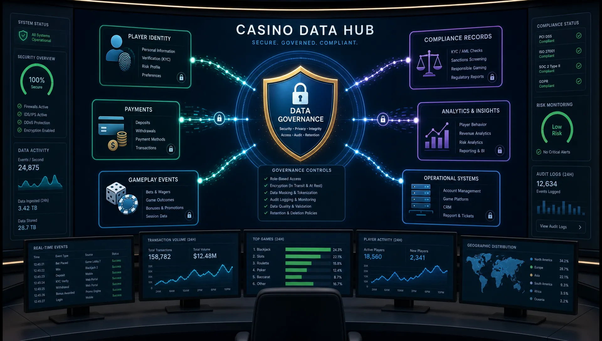 A secure data hub for an online casino, shown as a control room wall display with protected paths connecting player identity, payments, gameplay events, compliance records, and analytics around a central governance shield.