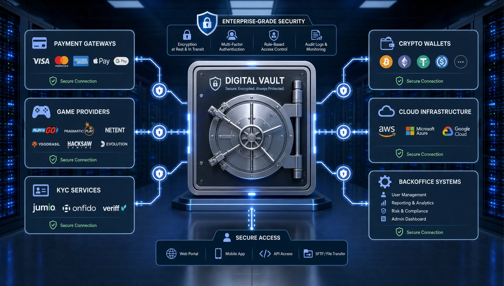 A secure digital vault in a server room, connected by protected access paths to payment gateways, game providers, KYC services, crypto wallets, cloud infrastructure, and backoffice systems.