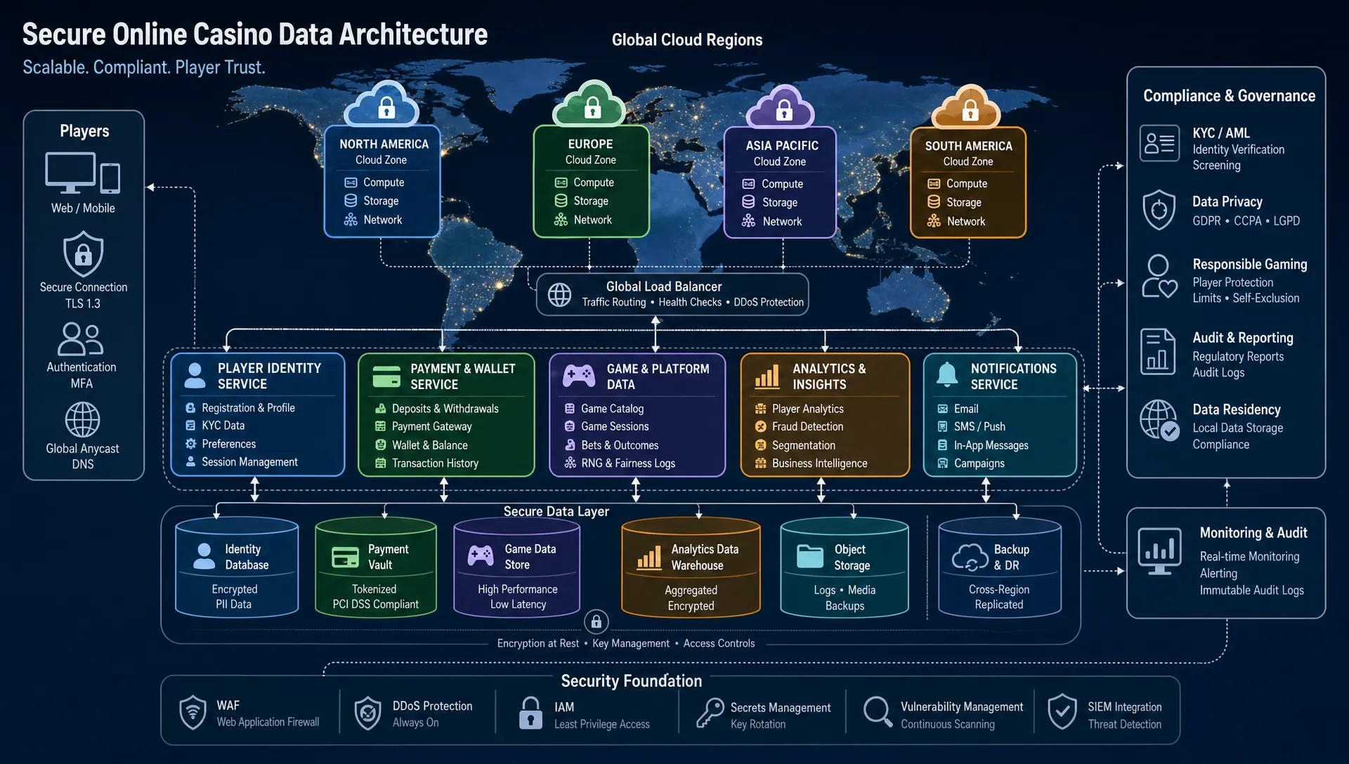 A secure online casino data architecture shown as regional cloud zones linked to player identity storage, payment systems, game data, analytics, and compliance controls across a global map.