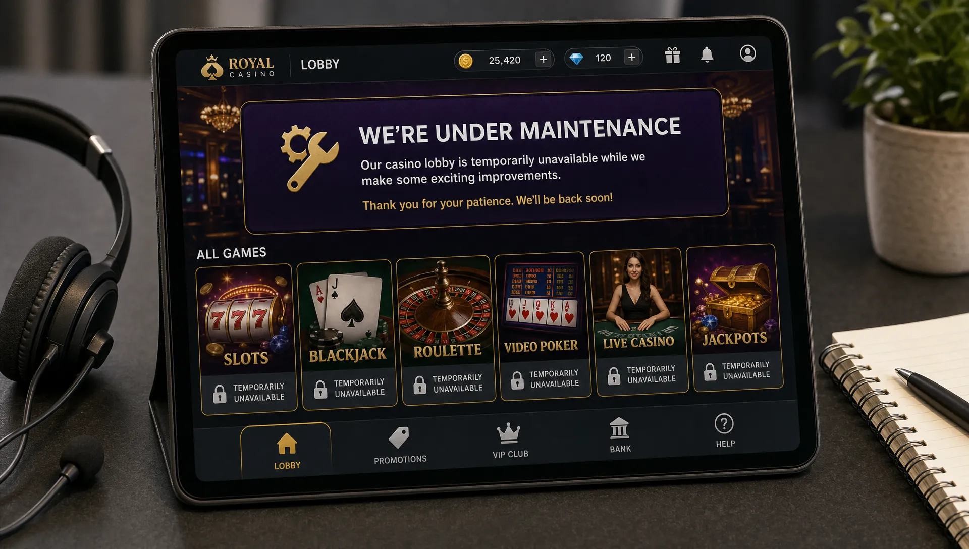 A tablet screen shows a casino lobby maintenance banner with several game tiles marked temporarily unavailable beside a headset and notebook.