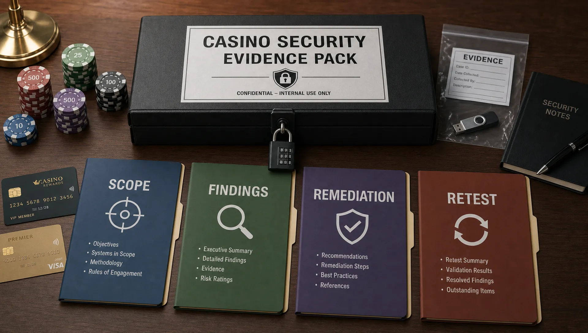 An organized casino security evidence pack on a desk with folders labeled scope, findings, remediation, and retest, with a lock, casino chips, and payment cards nearby.