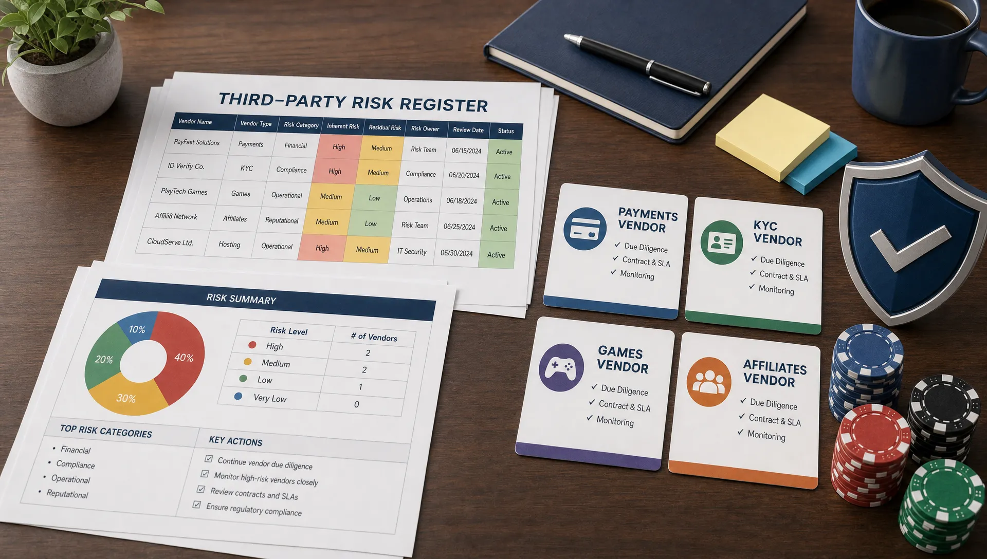 An organized desk with printed third-party risk register sheets, vendor cards for payments, KYC, games and affiliates, plus chips and a shield icon.