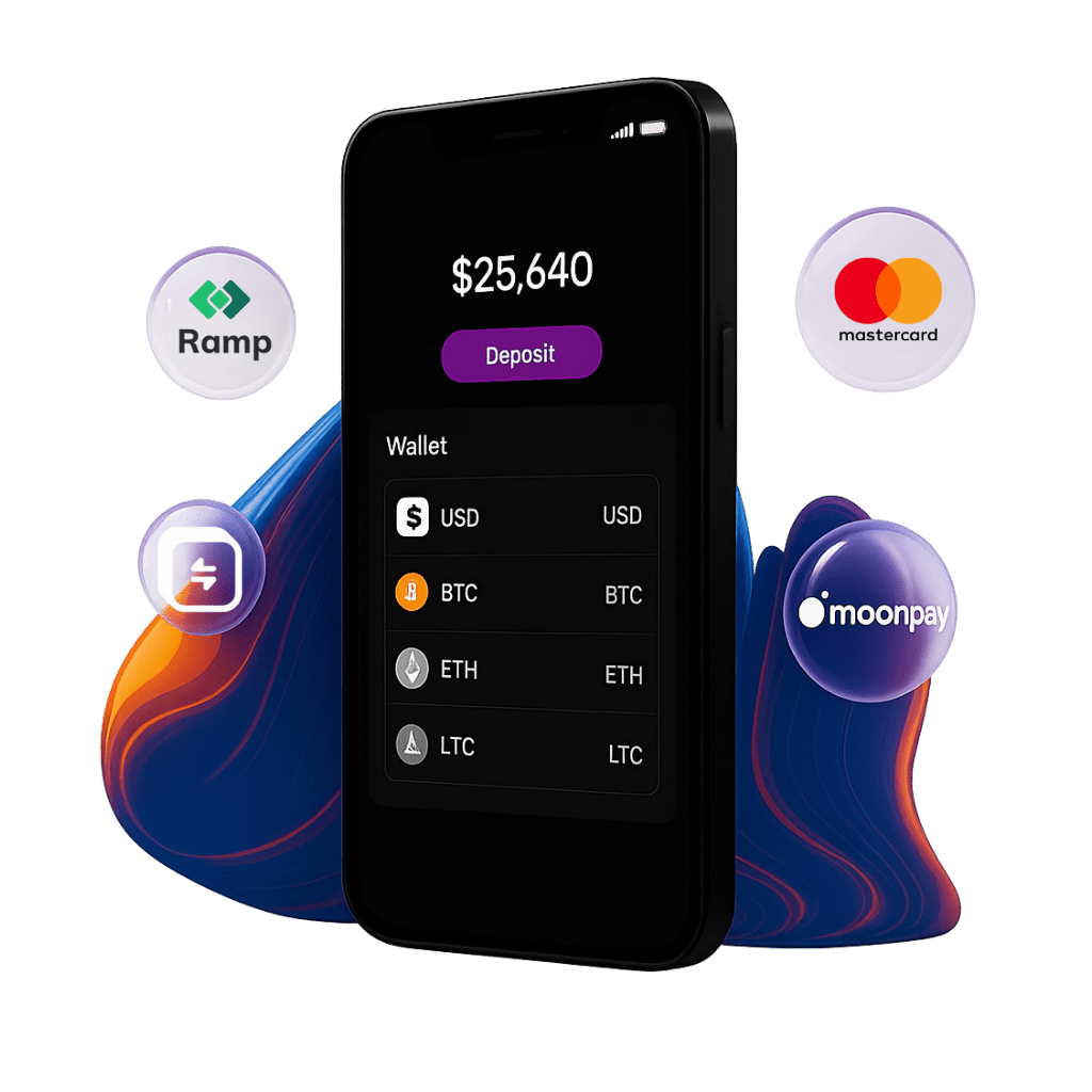 Mobile casino wallet with USD, BTC, ETH and LTC balances and payment providers Mastercard, MoonPay and Ramp.